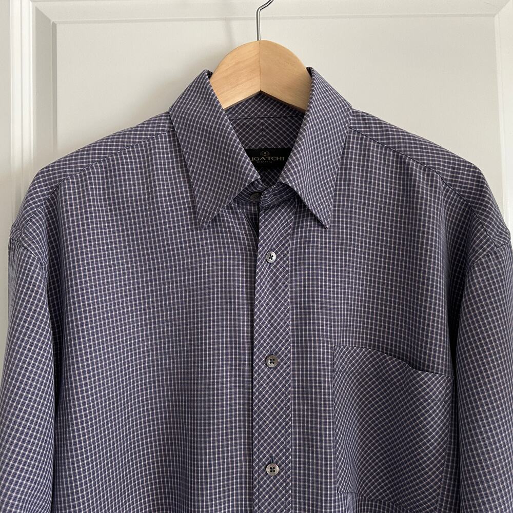 Vintage Y2K Bugatchi Uomo Shirt L Purple Micro Check Made Korea